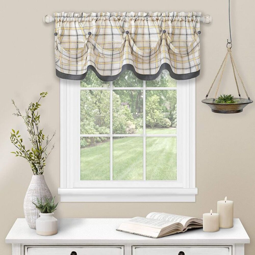 Serenity Home Modern Plaid Tuck Valance with Buttons - 58x14 - Grey